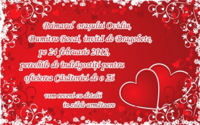 Iubeşte româneşte! De Dragobete, tinerii din Ovidiu sunt invitaţi să-şi oficializeze relaţiile!